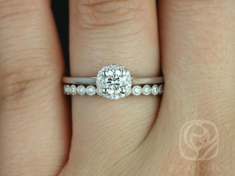 Amerie 4.5mm & Petite Bubbles 14kt White Gold Forever One Moissanite Diamond Dainty Pave Round Halo Bridal Set