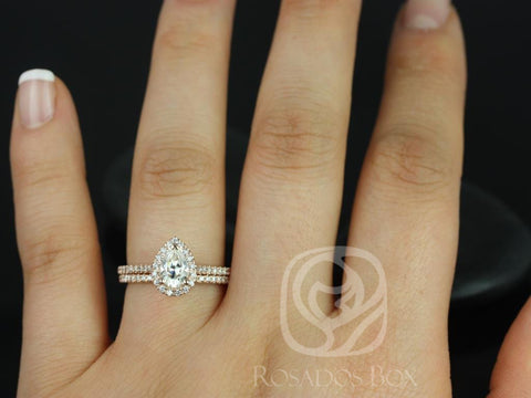 0.75cts Tabitha 7x5mm 14kt Rose Gold Moissanite Diamonds Pear Halo Classic Bridal Set