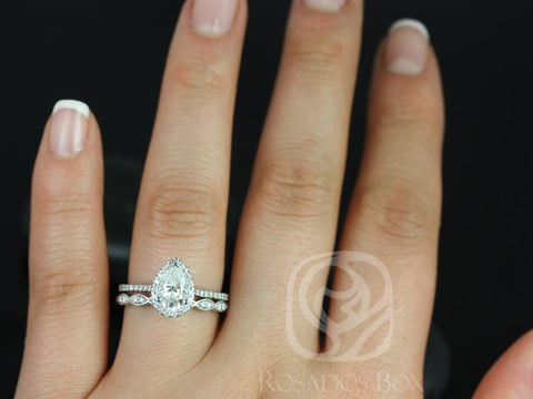 1ct Tabitha 8x5mm & Christie 14kt Gold Moissanite Diamond Art Deco Pear Halo Bridal Set