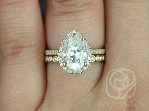 2cts Tabitha 10x7mm & Petite Bubbles 14kt Gold Forever One Moissanite Diamonds Micro Pave Pear Halo Bridal Set