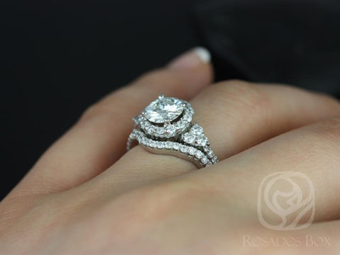 1.25ct Amora 7mm 14kt White Gold Moissanite Diamond Cluster Round Halo 3 Stone Bridal Set,Unique Wedding,Anniversary Gift