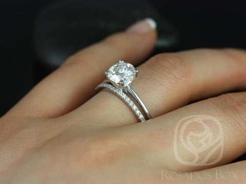 1.50ct Skinny Alberta 7.5mm & Dia Barra 14kt White Gold Moissanite Diamonds Dainty Round Solitaire Wedding Set Ring