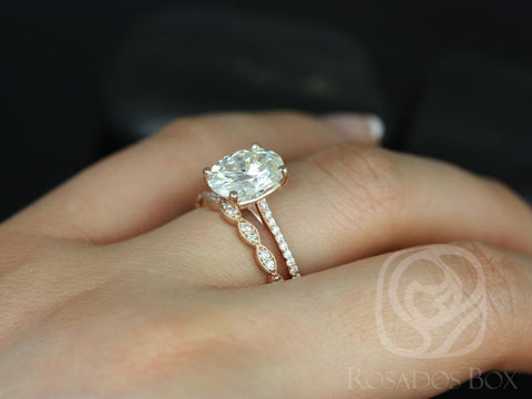 3cts Blake 10x8mm & Christie 14kt Solid Rose Gold Oval Forever One Moissanite Diamonds Dainty Art Deco Bridal Set