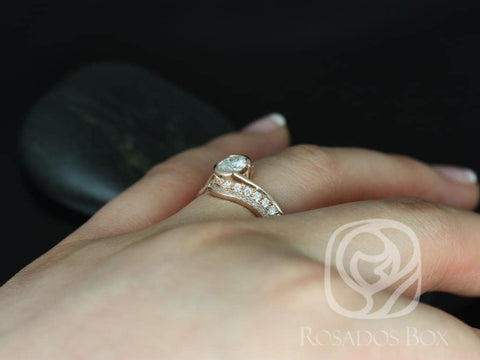 0.60ct Odala 5.5mm 14kt Rose Gold Moissanite Diamond Bypass Twisted Pave Round Bridal Set
