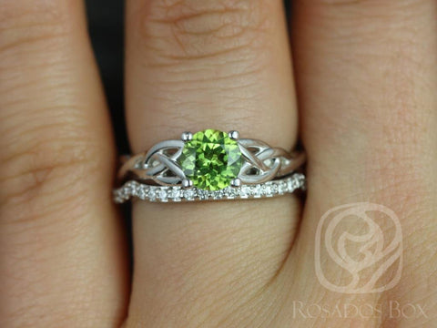 Cassidy 6mm 14kt Solid White Gold Round Peridot Diamonds Celtic Love Knot Triquetra Bridal Set