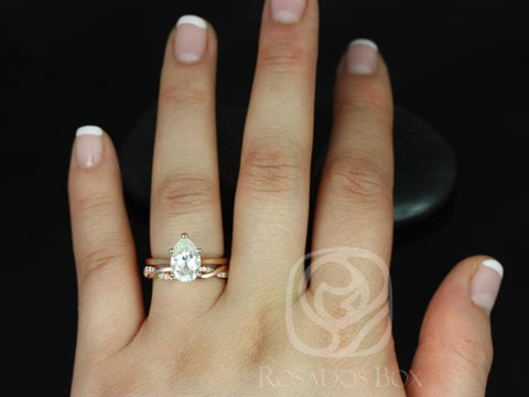 2ct Skinny Jane 10x7mm & Dusty 14kt Rose Gold Forever One Moissanite Diamond Dainty Twisted Pear Bridal Set