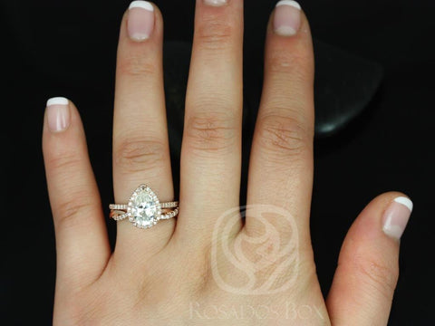 2cts Pear Moissanite Diamonds Twisted Halo Bridal Set Rings,14kt Solid Rose Gold,Tabitha 10x7mm & Dusty,Rosados Box