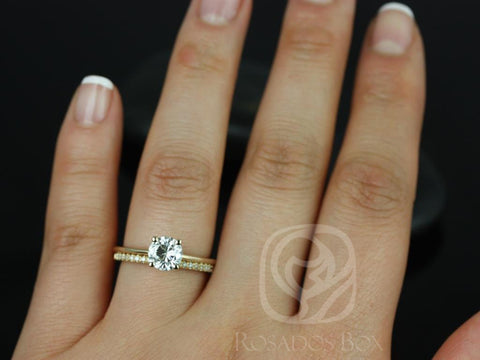 1ct Skinny Alberta 6.5mm & Romani 14kt Gold Forever One Moissanite Diamonds Pave Round Solitaire Bridal Set