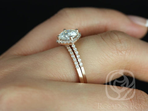 1.25ct Kitana 7mm 14kt Rose Gold Forever One Moissanite Diamonds Dainty Thin Kite Cushion Halo Bridal Set