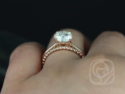 2ct Skinny Flora 8mm & Buddha Beads 14kt Rose Gold Moissanite Diamonds Dainty Round Solitaire Bridal Set