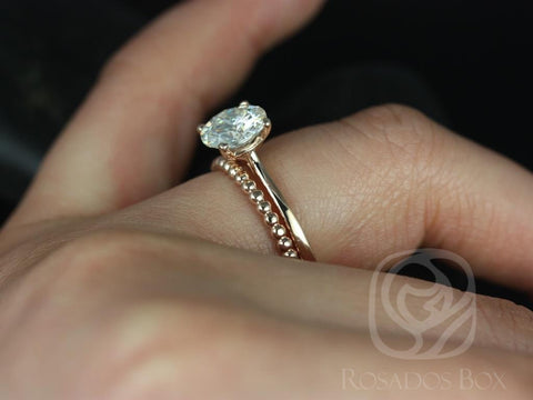 2ct Skinny Flora 8mm & Buddha Beads 14kt Rose Gold Moissanite Diamonds Dainty Round Solitaire Bridal Set