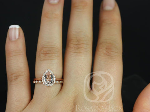Julie 8x6mm & Ultra Petite Bead Eye 14kt Rose Gold Pear Morganite  Diamond Halo Bridal Set