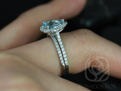 Tabitha 9x7mm 14kt White Gold Aquamarine Diamonds Dainty Micro Pave Pear Halo Bridal Set