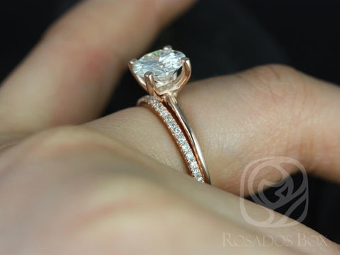 2ct Skinny Alberta 8mm & Swt Kubian 14kt Rose Gold Moissanite Diamond Dainty Round Solitaire Wedding Set Ring