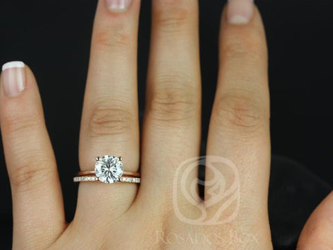 2ct Skinny Alberta 8mm & Swt Kubian 14kt Rose Gold Moissanite Diamond Dainty Round Solitaire Wedding Set Ring