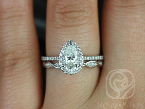 1ct Tabitha 8x5mm & Ember 14kt White Gold Forever One Moissanite Diamonds Infinity Pave Pear Halo Bridal Set