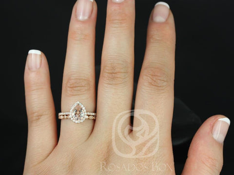 Tabitha 8x6mm & Gwen 14kt Gold Morganite Diamond Art Deco Pear Halo Bridal Set
