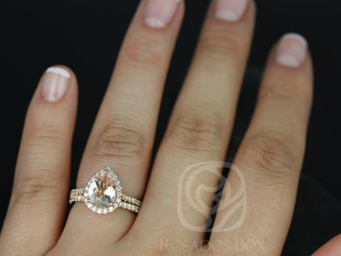 Tabitha 9x7mm 14kt Rose Gold Morganite Diamonds Dainty Pave Pear Halo Bridal Set