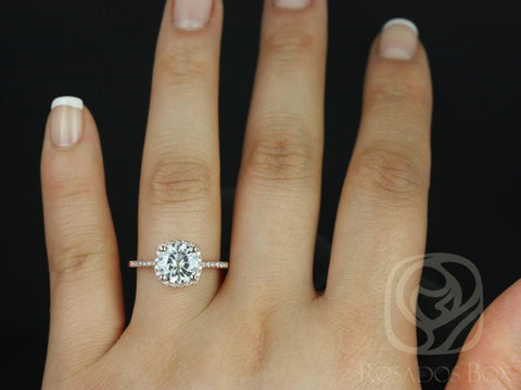 Ready to Ship Barra 8mm 14kt WHITE Gold Round Forever One Moissanite Diamonds Thin Cushion Halo Diamond Engagement Ring