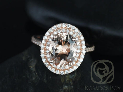 Cara 10x8mm 14kt Solid Rose Gold Morganite Diamonds Dainty Pave Oval Double Halo Engagement Ring
