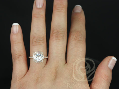 Ready to Ship Barra 9mm 14kt Rose Gold Round White Topaz and Diamonds Cushion Halo Engagement Ring