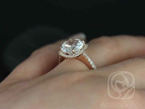 Ready to Ship Barra 9mm 14kt Rose Gold Round White Topaz and Diamonds Cushion Halo Engagement Ring