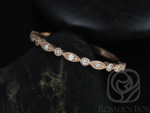 Gwen/Ultra Petite Bead & Eye 14kt Solid Rose Gold Dainty Diamonds Vintage WITH Milgrain HALFWAY Eternity Band Stack Ring