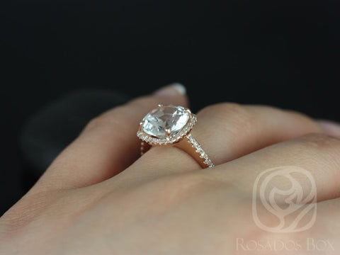 Ready to Ship Barra 10mm 14kt Rose Gold Round White Topaz and Diamond Cushion Halo Engagement Ring, Rosados Box