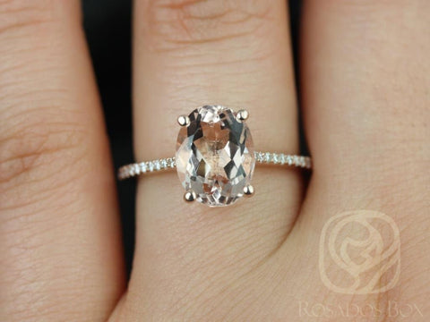 10x8mm Oval Morganite Diamonds Thin Cathedral Solitaire Engagement Ring,14kt Solid Rose Gold,Blake 10x8mm,Rosados Box