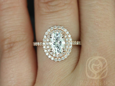 1.50ct Cara 8x6mm 14kt Rose Gold Moissanite Diamond Dainty Minimalist Pave Oval Double Halo Engagement Ring