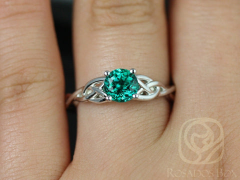 Cassidy 6mm 14kt Solid White Gold Green Emerald Celtic Love Knot Irish Irish Triquetra Round Engagement Ring