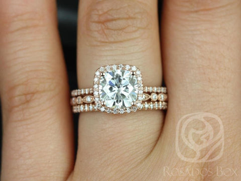 2ct Catalina 7.5mm & Gwen 14kt Rose Gold Forever One Moissanite Diamonds Cushion Halo TRIO Bridal Set