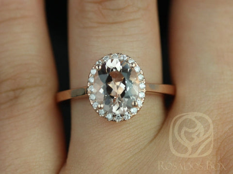 Ready to Ship Celeste 14kt Rose Gold 10x8mm Oval Morganite and Diamonds Halo Engagement Ring, Rosados Box