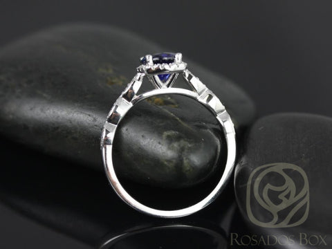 Christie 6mm 14kt Gold Blue Sapphire Diamonds Cushion Halo WITH Milgrain Engagement Ring