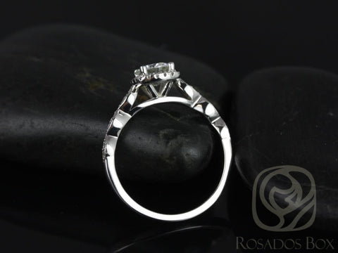 Rosados Box Christie 6mm 14kt White Gold Round Moissanite Diamonds Cushion Halo WITH Milgrain Engagement Ring
