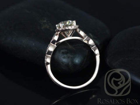 Rosados Box Ready to Ship Christie 8mm 14kt WHITE Gold Forever One Moissanite Diamond Halo WITH Milgrain Engagement Ring