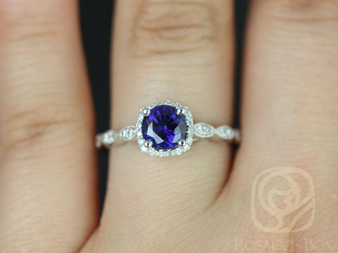 Christie 6mm 14kt Gold Blue Sapphire Diamonds Cushion Halo WITH Milgrain Engagement Ring