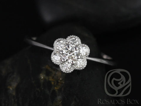 Ready to Ship Daisy 18kt White Gold WITH Milgrain Diamond Flower Cluster Ring, Rosados Box
