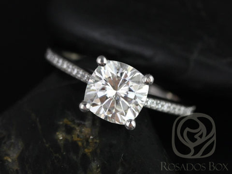 Danielle 7.5mm 14kt White Gold Cushion Forever One Moissanite Diamond Dainty Art Deco Solitaire Cushion Engagement Ring