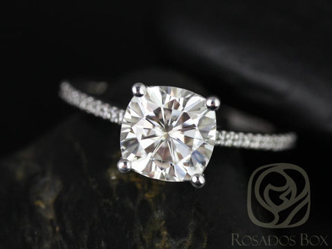 2.40ct Marcelle 8mm 14kt White Gold Cushion Moissanite Diamonds Dainty Cathedral Cushion Solitaire Engagement Ring