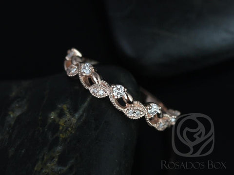 Ready to Ship Daphine 14kt Rose Gold Thin Weaving Leaves Diamonds Berries Halfway Eternity Ring