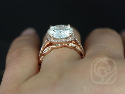 Barra 10mm & Ember 14kt Rose Gold Round Forever One Moissanite and Diamond Thin Cushion Halo Bridal Set