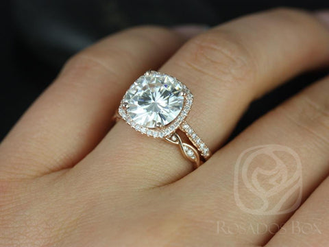 Barra 10mm & Ember 14kt Rose Gold Round Forever One Moissanite and Diamond Thin Cushion Halo Bridal Set