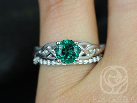 Cassidy 6mm 14kt Solid White Gold Green Emerald Diamond Celtic Love Knot Irish Triquetra Round Bridal Set