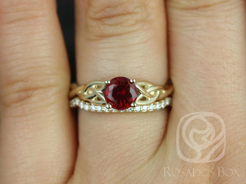 Cassidy 6mm 14kt Solid Gold Round Ruby Diamonds Celtic Love Knot Triquetra Bridal Set - Rosados Box