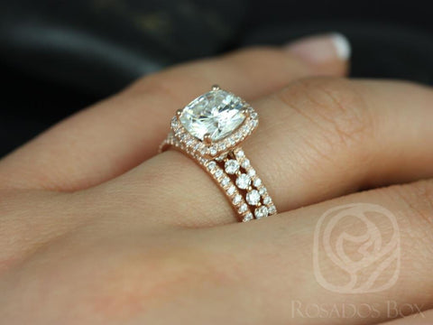 2ct Catalina 7.5mm & Petite Naomi 14kt Rose Gold Forever One Moissanite Diamonds Micropave Cushion Halo TRIO Bridal Set