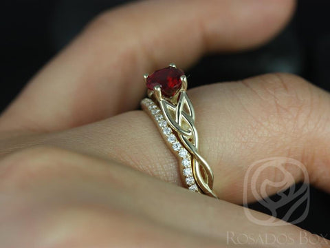 Cassidy 6mm 14kt Solid Gold Round Ruby Diamonds Celtic Love Knot Triquetra Bridal Set - Rosados Box