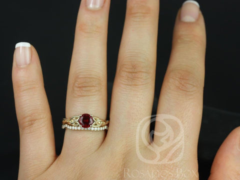 Cassidy 6mm 14kt Solid Gold Round Ruby Diamonds Celtic Love Knot Triquetra Bridal Set - Rosados Box