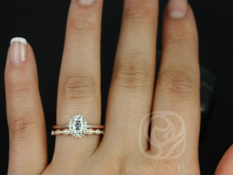 1ct Celeste 7x5mm & Christie 14kt Rose Gold Oval Moissanite Diamonds Art Deco Dainty Pave Halo Bridal Set