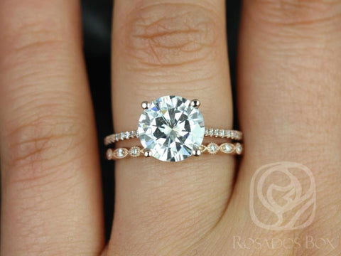 2.70ct Eloise 9mm & Gwen 14kt Rose Gold Moissanite Diamonds Dainty Art Deco Round Bridal Set